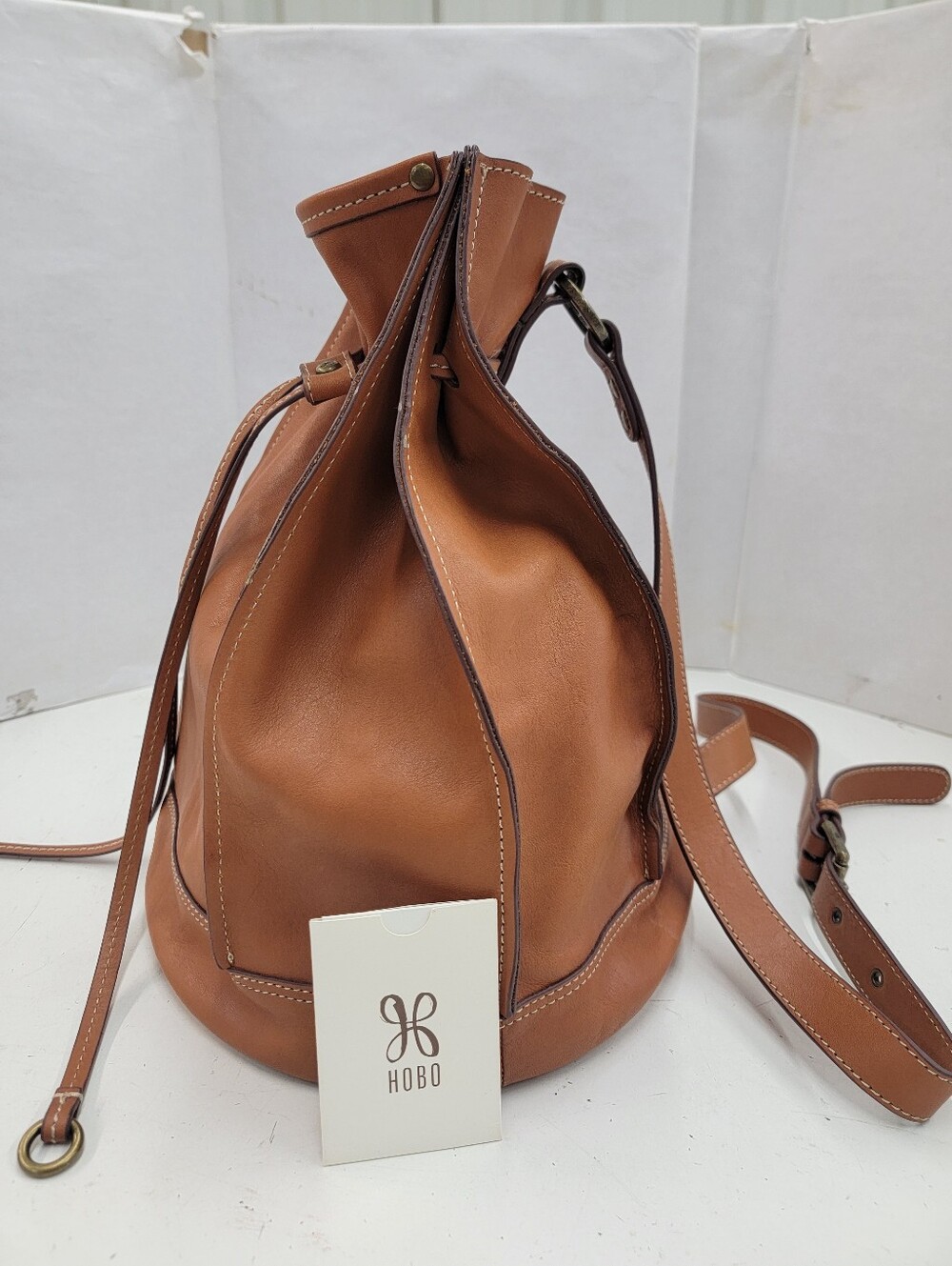 HOBO Cognac Leather Drawstring Hobo Sling Bag